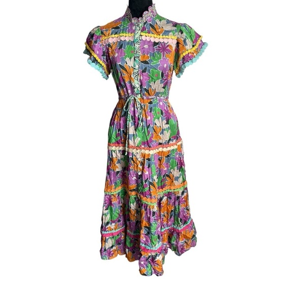 CeliaB Aneeta Purple & Orange Tiered Ruffled Sundress w/Flutter Sleeves SZ XS - Picture 5 of 9